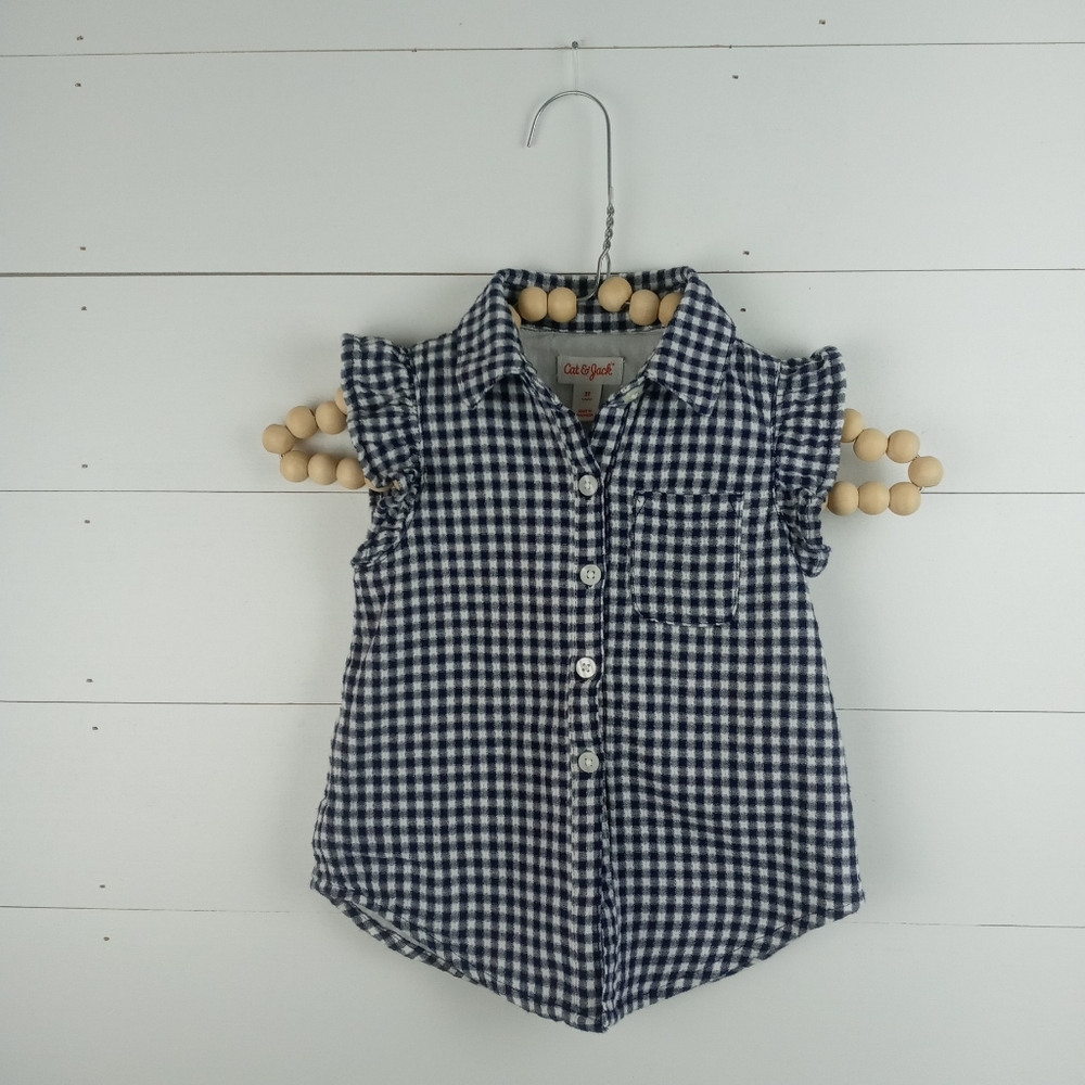 Cat & Jack girls size 2T navy and white gingham plaid ruffle sleeve top collared